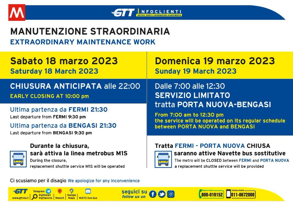 📌Per lavori di manutenzione straordinaria, sabato 18 marzo e domenica 19 marzo, il servizio della metropolitana varierà.
gtt.to.it/cms/avvisi-e-i…