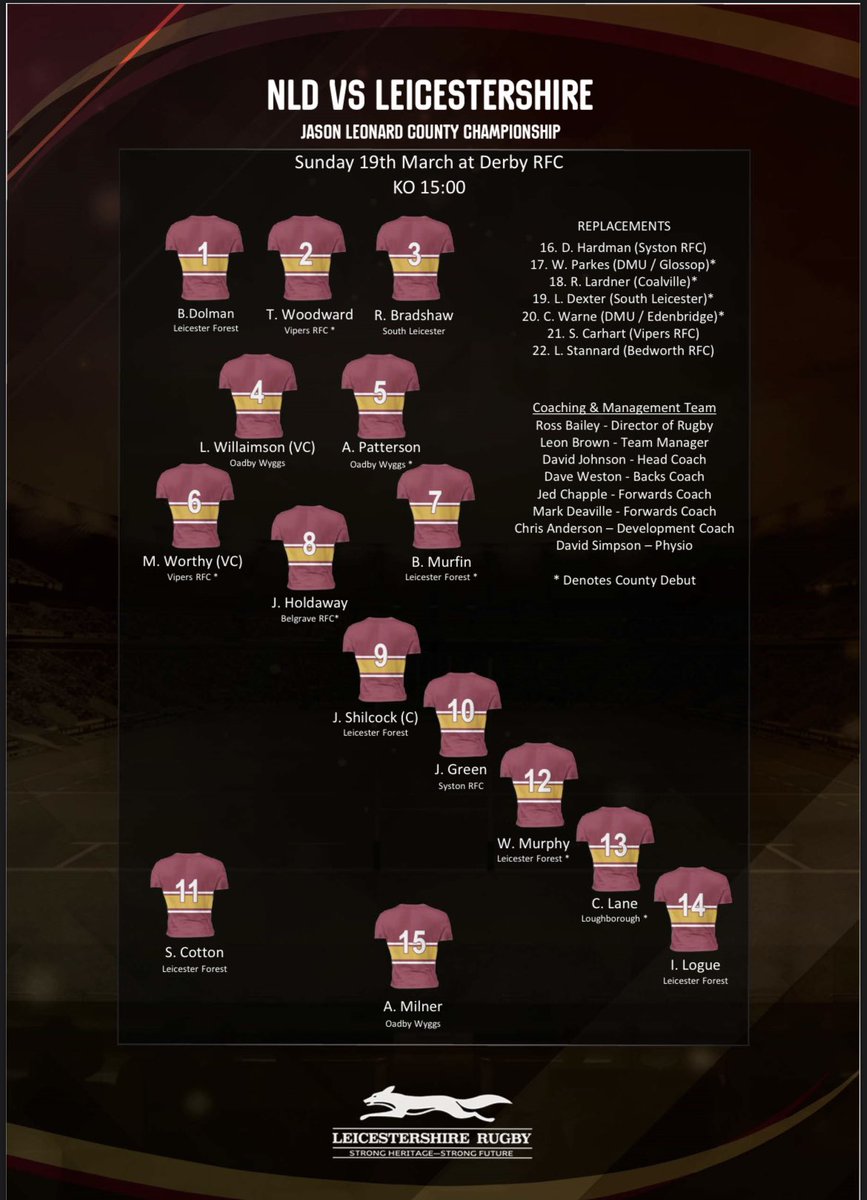 Congratulations to those selected for the first game of the Jason Leonard County Championship tomorrow Sunday 19th March.

U20s vs NLD 
@ Derby RFC (DE22 1EB)
Kick off 3pm 
All support is welcome! 
#weareleicestershire