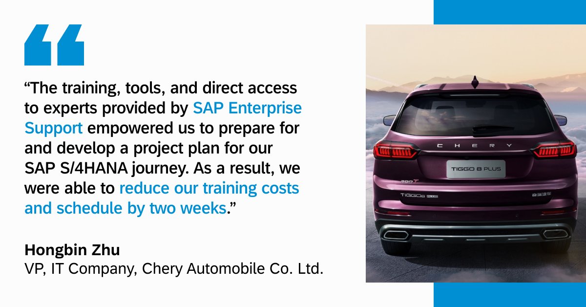 lynnbannerman1's tweet image. Thanks to Real-Time Support and #SAPEnterpriseSupport, Chery Automobile Co. Ltd. can always count on immediate support and guidance through Expert Chat. 

The results? A project completed weeks in advance at a lower cost. 🎉 

Find out how they did it 👉imsap.co/60183A3du