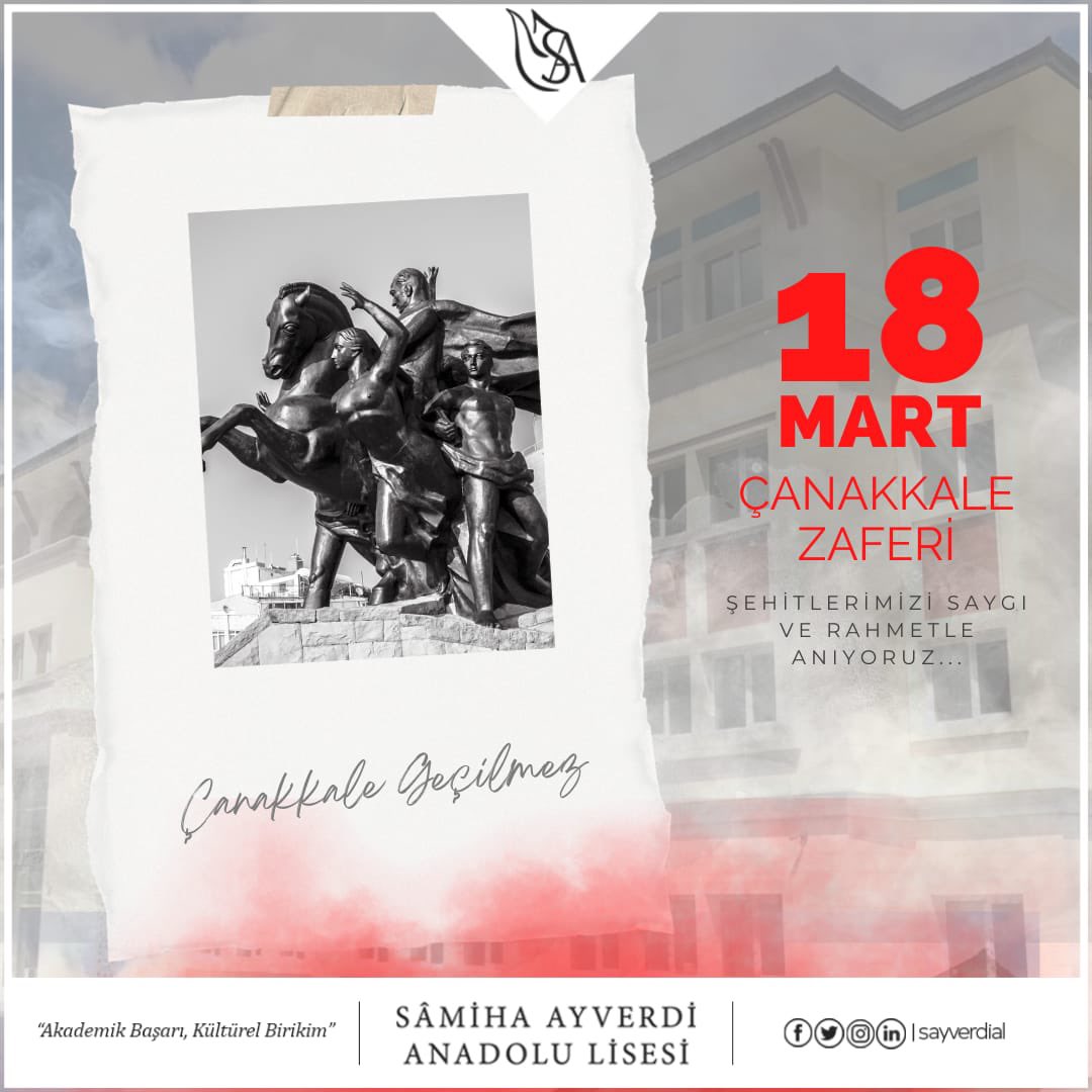 Kurtuluş Mücadelemizin ve şanlı tarihimizin en önemli günlerinden olan 18 Mart Çanakkale Deniz Zaferi'nin 108. yıldönümünde, başta Gazi Mustafa Kemal Atatürk olmak üzere Çanakkale'yi geçilmez kılan tüm kahramanlarımızı saygı ve minnetle anıyoruz. ÇANAKKALE GEÇİLMEZ!

<a href="/tcmeb/">Millî Eğitim Bakanlığı</a>