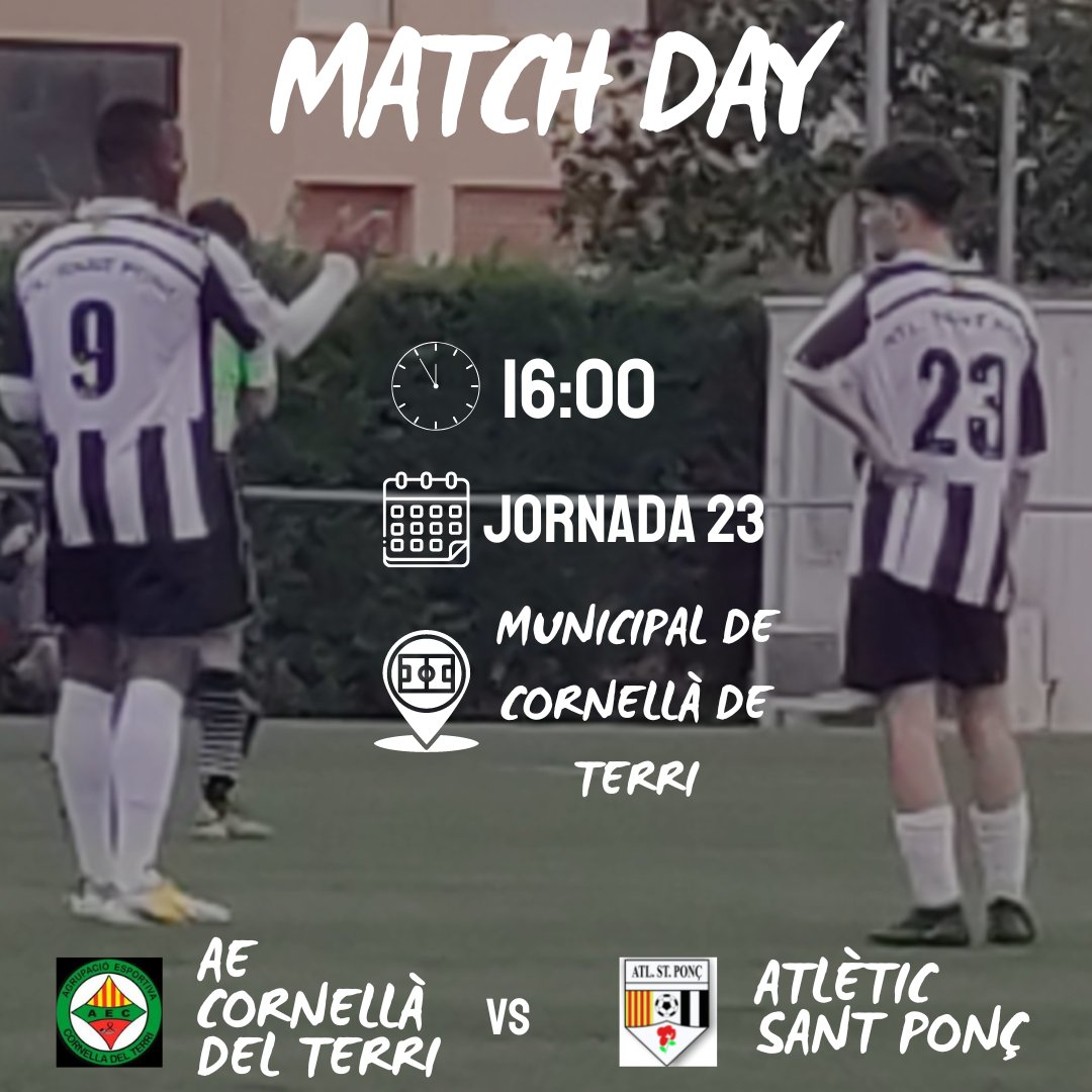 Día de partit! 

📆 Jornada 23
🏟️ Municipal Cornellà de Terri
⏰ 16:00
🆚 <a href="/AECornellaTerri/">AECornella del Terri</a> 

🖤🤍