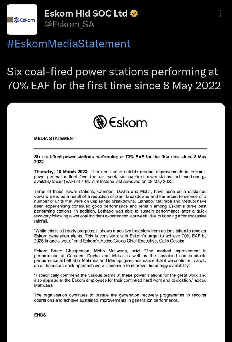 <a href="/Eskom_SA/">Eskom Hld SOC Ltd</a> has finally proven a point I’ve consistently made: #Loadshedding can be ended within 90 days, not 18 months!

#Eskom must now proceed with action plans I have called for in order to cut over R80 billion per year in fruitless &amp; wasteful expenditure:

#EFFNationalShutdown