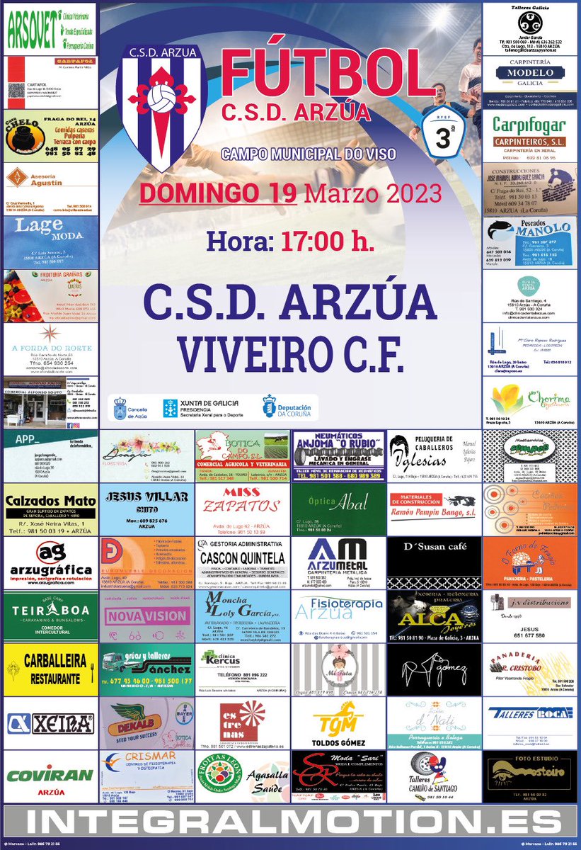 🏟️ HAI PARTIDO! Xornada fundamental para o <a href="/CSDArzua/">CSD Arzúa</a> na loita por manter a categoría! Este domingo, ás 17 horas, <a href="/CSDArzua/">CSD Arzúa</a> - <a href="/viveirocf2015/">VIVEIRO C.F.</a>. Vén animar o teu equipo! 🎉 #ImosCSD