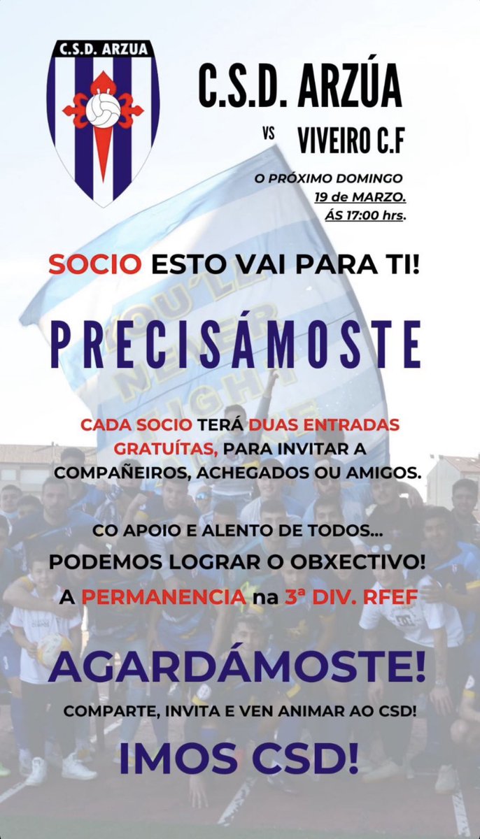 CSDArzua's tweet photo. 🏟️ HAI PARTIDO! Xornada fundamental para o @CSDArzua na loita por manter a categoría! Este domingo, ás 17 horas, @CSDArzua - @viveirocf2015. Vén animar o teu equipo! 🎉 #ImosCSD https://t.co/hyiTKyyG1j