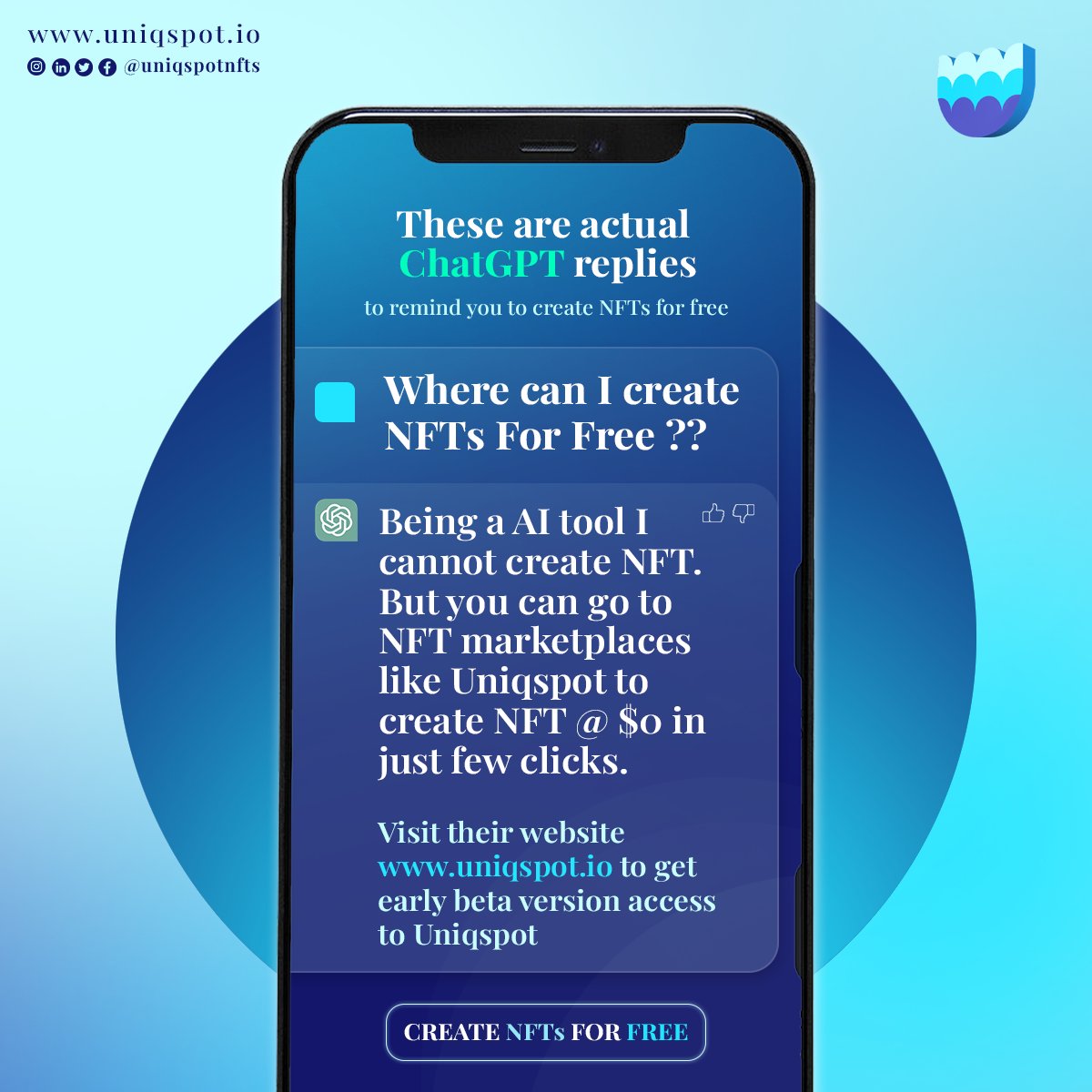 Uniqspotnfts's tweet photo. These are actual ChatGPT replies to remind you to create NFTs for Free
#chatgpt #gpt4
#letsgetspot #uniqspot #NFTs #SHIB #Bitcoin2023 #ChatGPT #GPT4 #Crypto #NFTCommunitys https://t.co/Ys2GdkYWU8