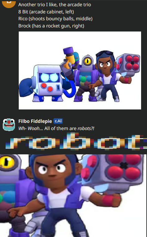 ThePalafin's tweet photo. so I chatted with AI filbo, and holy shit
#brawlstars #bugsnax #robots #arcadetrio #filbofiddlepie https://t.co/wlkBqGGI2v