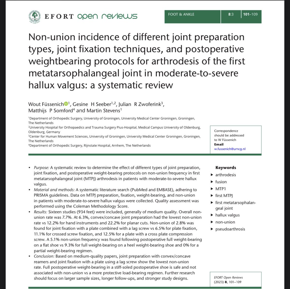 Non-union incidence of different joint preparation types & joint fixation for arthrodesis of the 1st MTPJ in moderate-to-severe hallux valgus: a systematic review. #footsurgery #orthopedicsurgery #orthotwitter #podiatricsurgery #podiatry 

eor.bioscientifica.com/downloadpdf/jo…