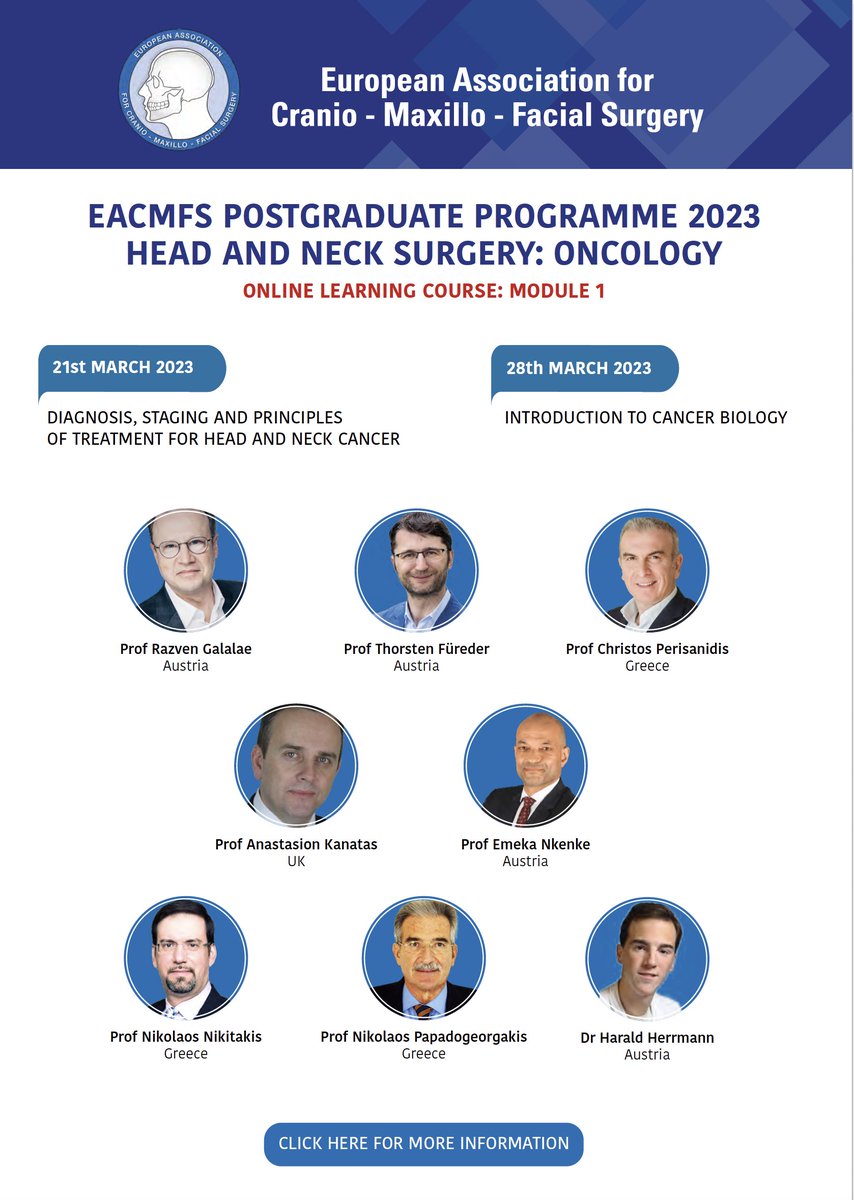 eacmfs_org's tweet photo. First module of our second PG course in Head and Neck Surgery-Oncology, coming soon
#EACMFS #headandneck #maxillofacial #oncology #cancerbiology https://t.co/3Br6vUvm8g