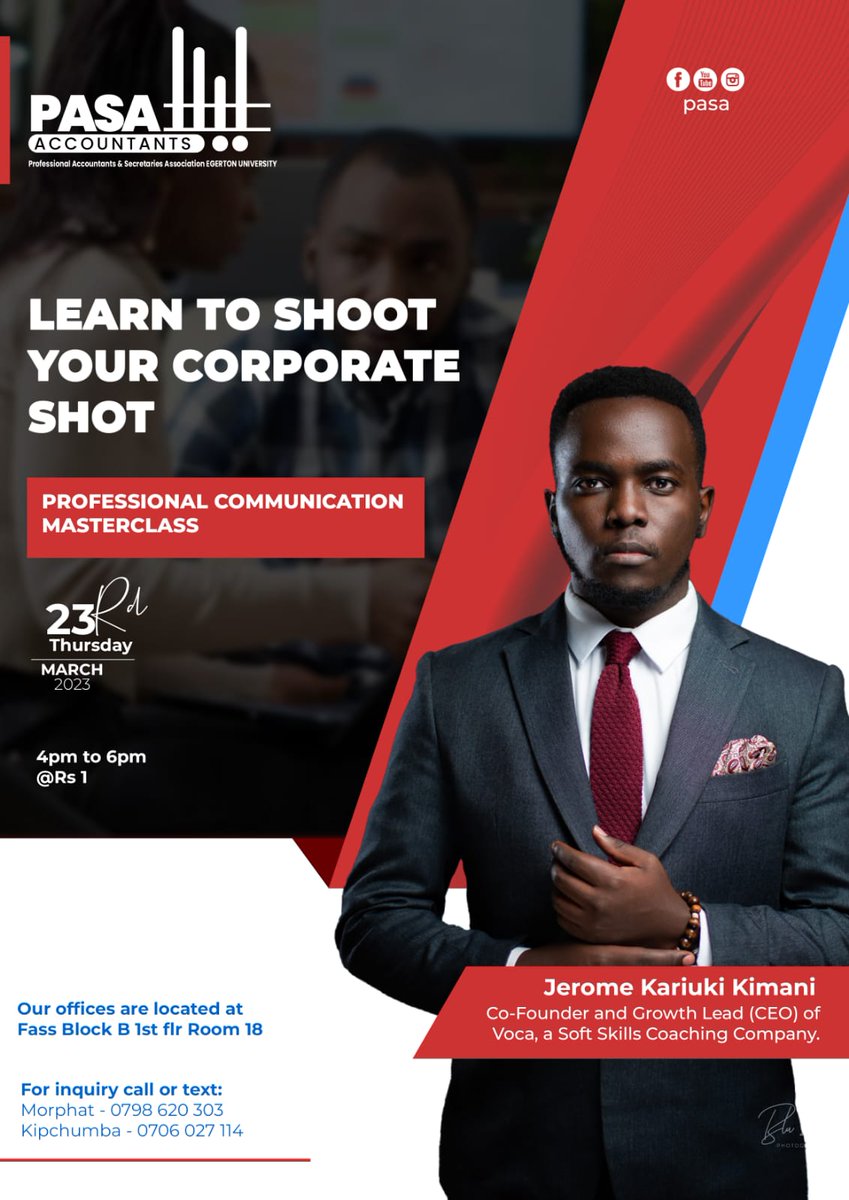 NjoroPasa's tweet photo. this coming Thursday  we will be having a discussion concerning:
- in- person networking etiquette
-elevator pitch
-personal branding tips
#professionalthursday @pasaegerton https://t.co/B3BV50IDHZ