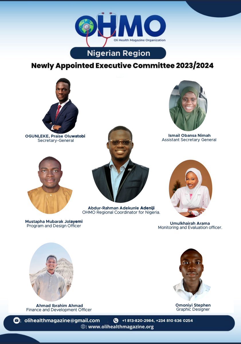 We would like to welcome OHMO Nigeria Executive Committee.

For more information about our research projects,please feel free to join OHMO official Telegram channel:t.me/OliHealthMagaz…

#OliHealthMagazineOrganization #doctors #medicalstudents #nigeria #Africa #RwOT #PhD