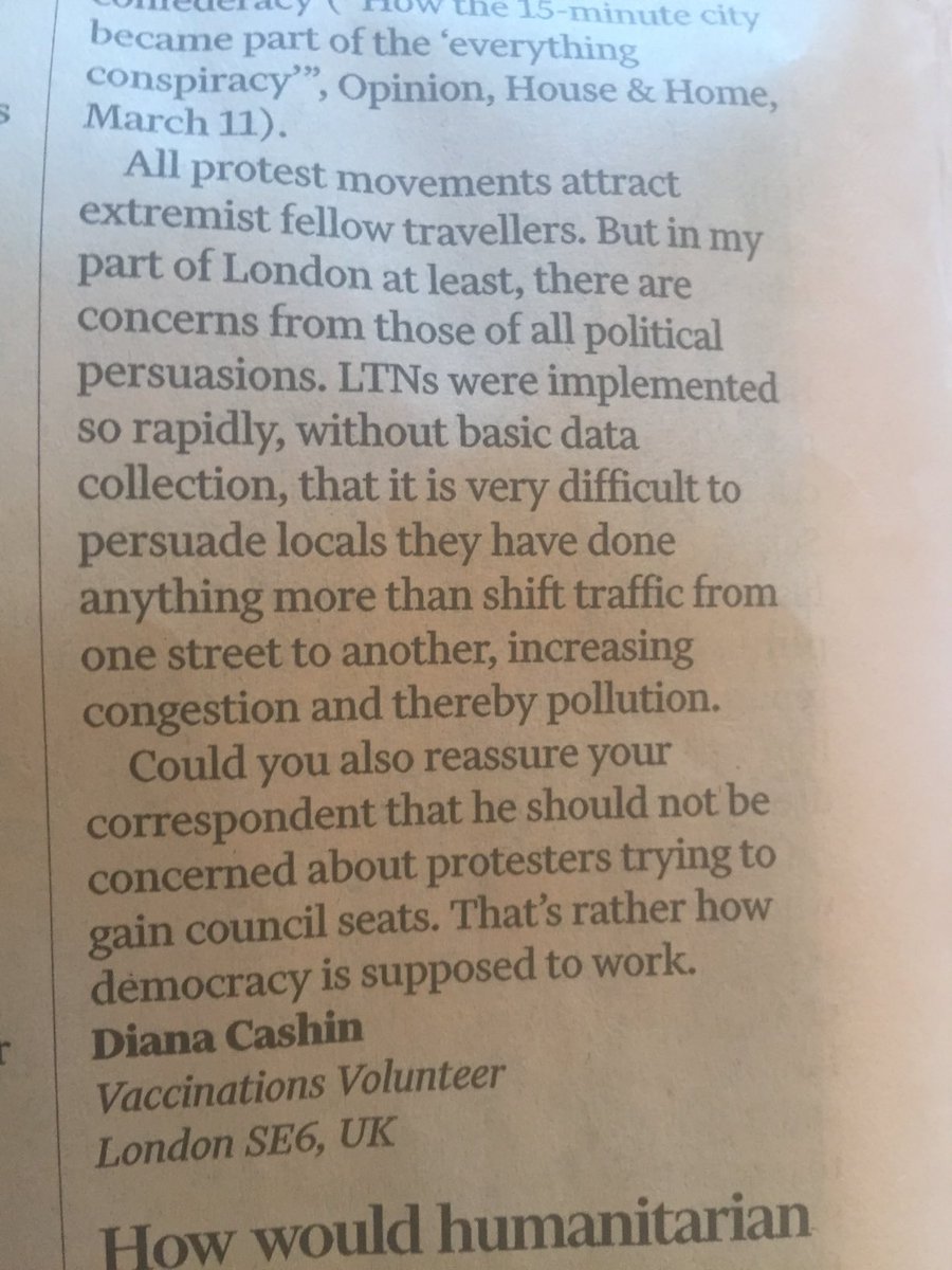 Weekend FT letter says Low Traffic Neighbourhoods were implemented so rapidly, without basic data, v difficult to persuade locals of all political persuasions they just shift traffic from one street to another “increasing congestion ..and pollution”. Yes!