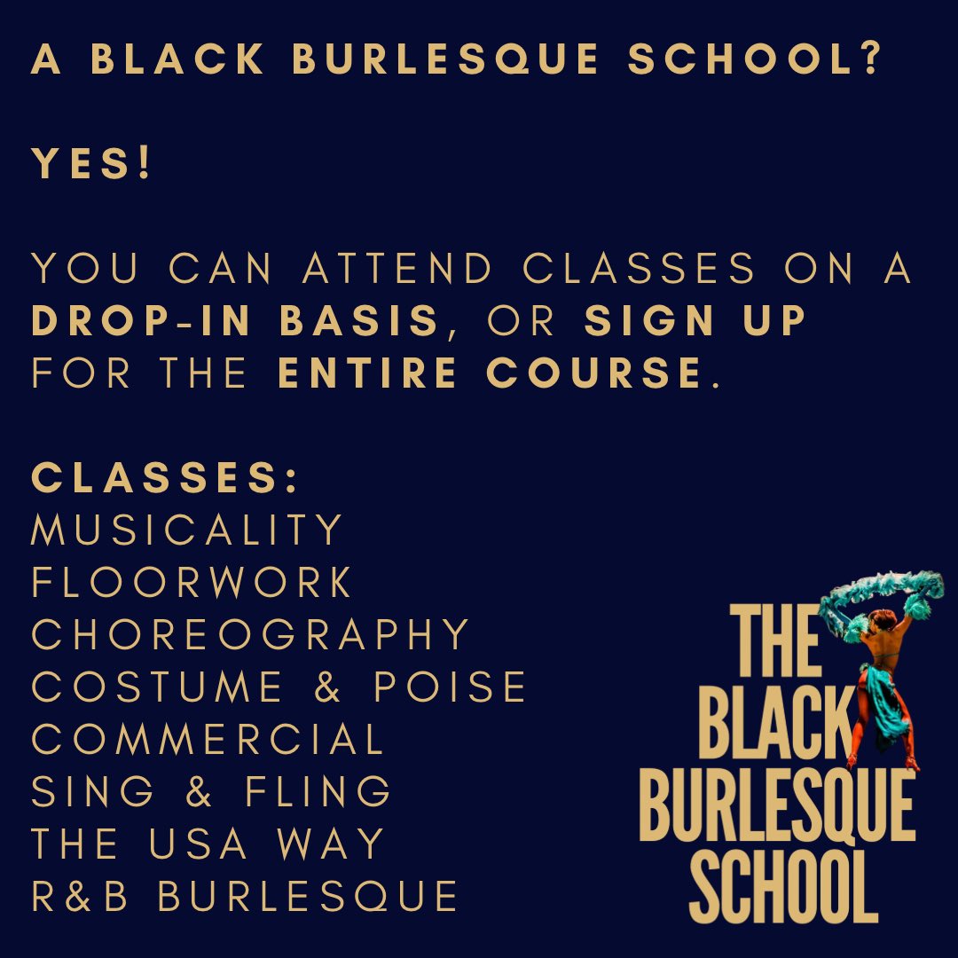 Not sure how this will translate on Twitter, but… we’re launching the BLACK BURLESQUE SCHOOL!

Open taster class 16th April, in London

All levels welcome, no dance experience needed!

Posted IG yesterday and we’re already 50% sold!