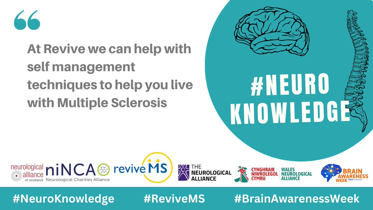revivems's tweet image. Self-management techniques can help you live with Multiple Sclerosis. At Revive we can help you find the most suitable approach. Find out more at revivemssupport.org.uk/how-we-can-help

#NeuroKnowledge #ReviveMS #BrainAwarenessWeek @NeuroAlScotland @NeuroAlliance @NeuroWales @NINCA_NI