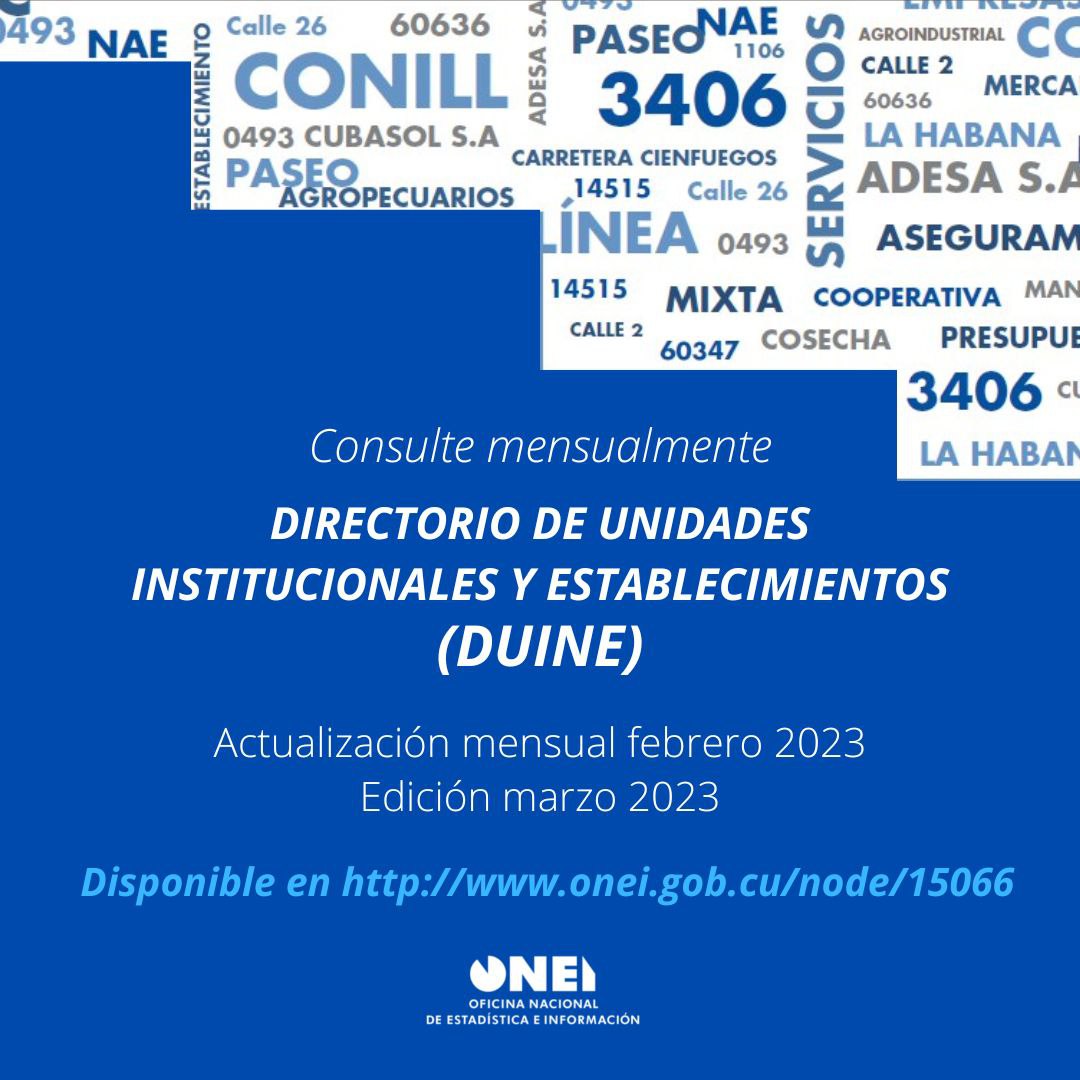 CubaONEI's tweet photo. 📊Disponible en nuestro sitio web la publicación mensual Directorio de Unidades Institucionales y Establecimientos (#DUINE).
🔗https://t.co/yAyq5fZmKI https://t.co/rhGYvY9mXM