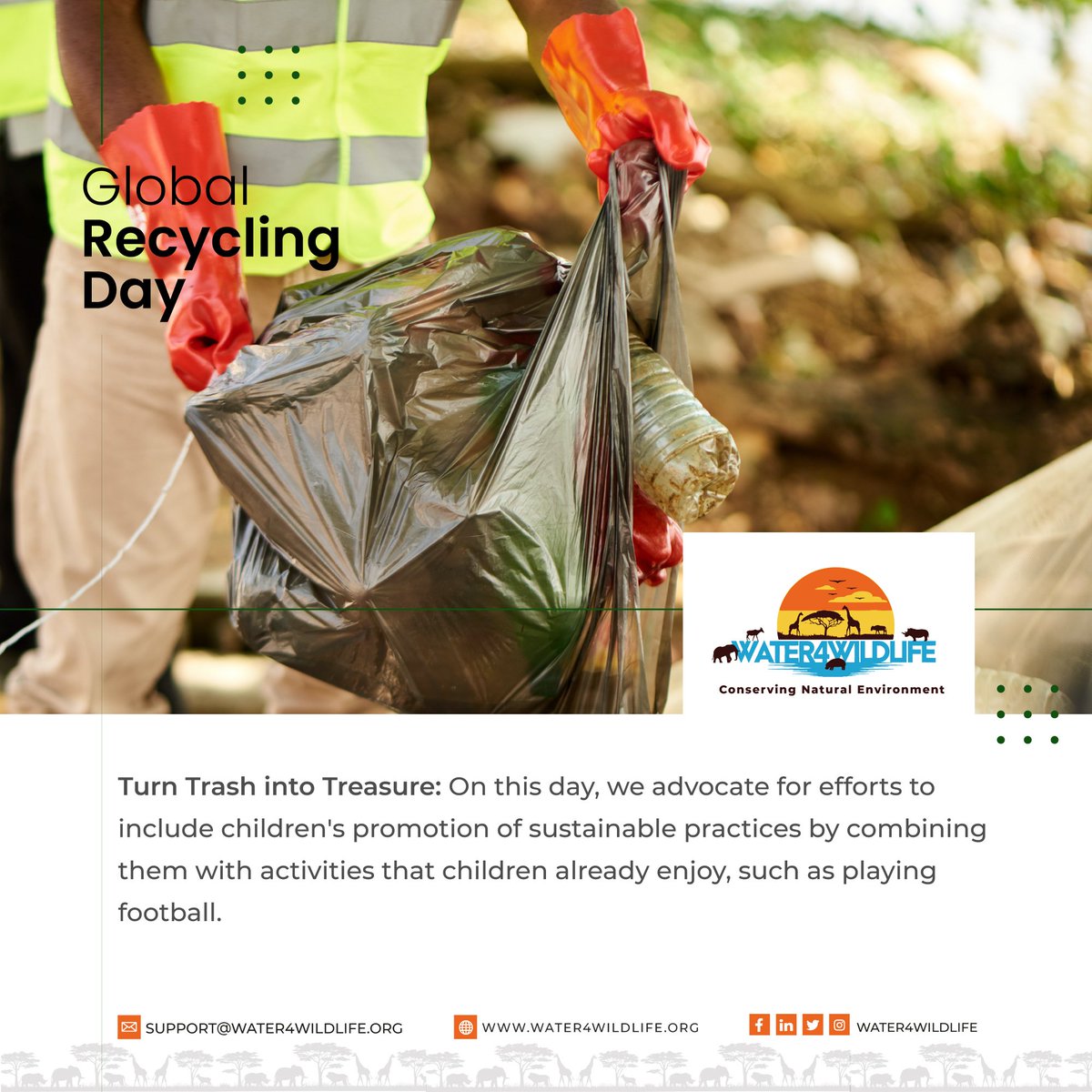 Water4WildOrg's tweet photo. Happy Global Recycling Day 2023 everyone! We take a moment to appreciate the countless ways we can make a difference in our communities and on our planet through recycling. #Football4Environment #Water4Wildlife #GlobalRecyclingDay https://t.co/7YcyIyvW8y