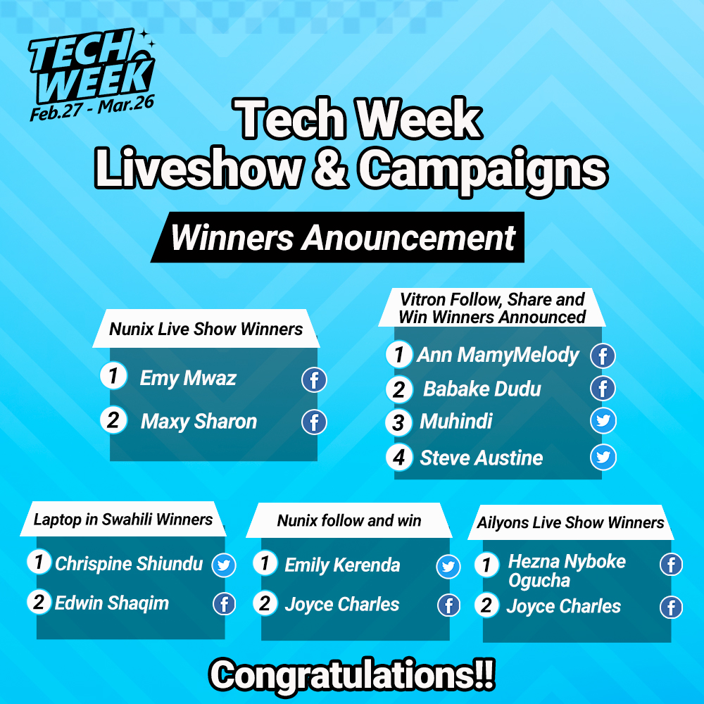Kilimall's tweet photo. Congratulations to our #TechweekSale winners from various campaigns! Please share your details to the email marketing@kilimall.com  for the hampers. To all our fans and participants tunawapenda zaidi!<< https://t.co/iCSpsuVDUZ
 #KilimallTechWeekSale https://t.co/4pZvMtidp9
