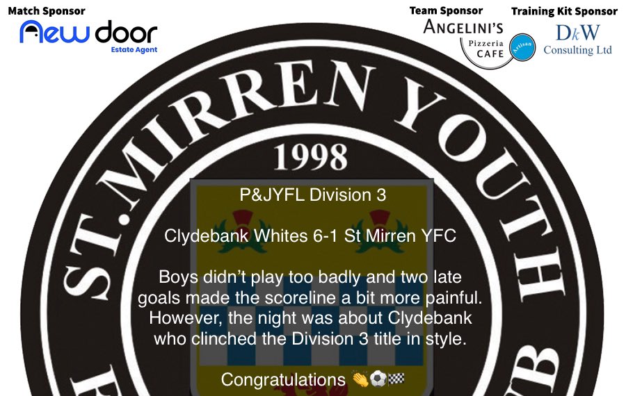 Congratulations to the coaches and players of <a href="/2007ClydebankFC/">Clydebank FC 2007</a> Whites who confirmed the P&amp;JYFL Divison 3 title with their victory last night 🏆⚽️🏁

#COYS