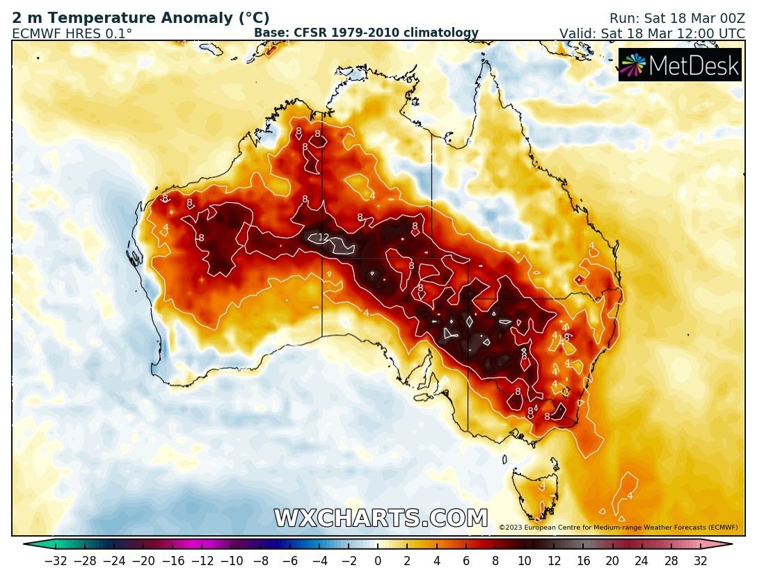 Endless heat wave in Australia with records broken every day.
4 more monthly records today fell (2 of highest min. and 2 of highest max.) with the highest in the country today being 43.4C at Telfer.
Tomorrow and day after tomorrow temperatures will be similar with some more 43C.