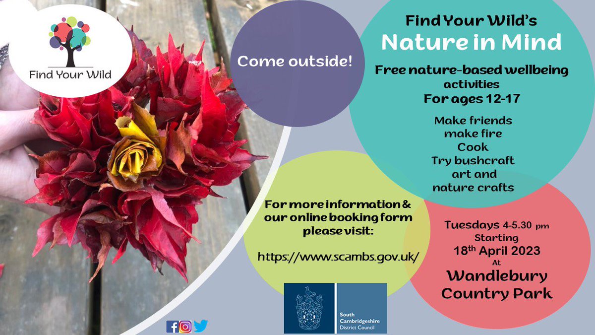 FindyourwildC's tweet photo. Outdoor nature based wellbeing activities for young people in south Cambridgeshire in April 2023🌼🍃🐝 book your free place at 🦋 https://t.co/0K4EkAVAIe ✨
#wellbeingoutdoors #findyourwild
@SouthCambs https://t.co/kkyCeHuEo2