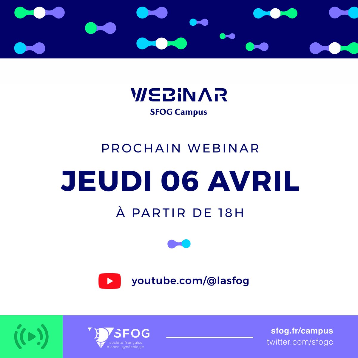 📅SAVE THE DATE : MALADIES TROPHOBLASTIQUES
LE PROCHAIN WEBINAIRE DU GROUPE SFOG CAMPUS
👉 jeudi 6 avril 2023 à 18h en live
youtube.com/@lasfog
Avec les praticiens du Centre de référence des maladies trophoblastiques.

<a href="/SFCOnco/">SFCO</a> <a href="/FRANCOGYN1/">FRANCOGYN</a>  <a href="/leCNGOF/">CNGOF</a>  <a href="/la_sfog/">la SFOG</a> <a href="/HousseinELHAJJ3/">Houssein EL HAJJ</a>