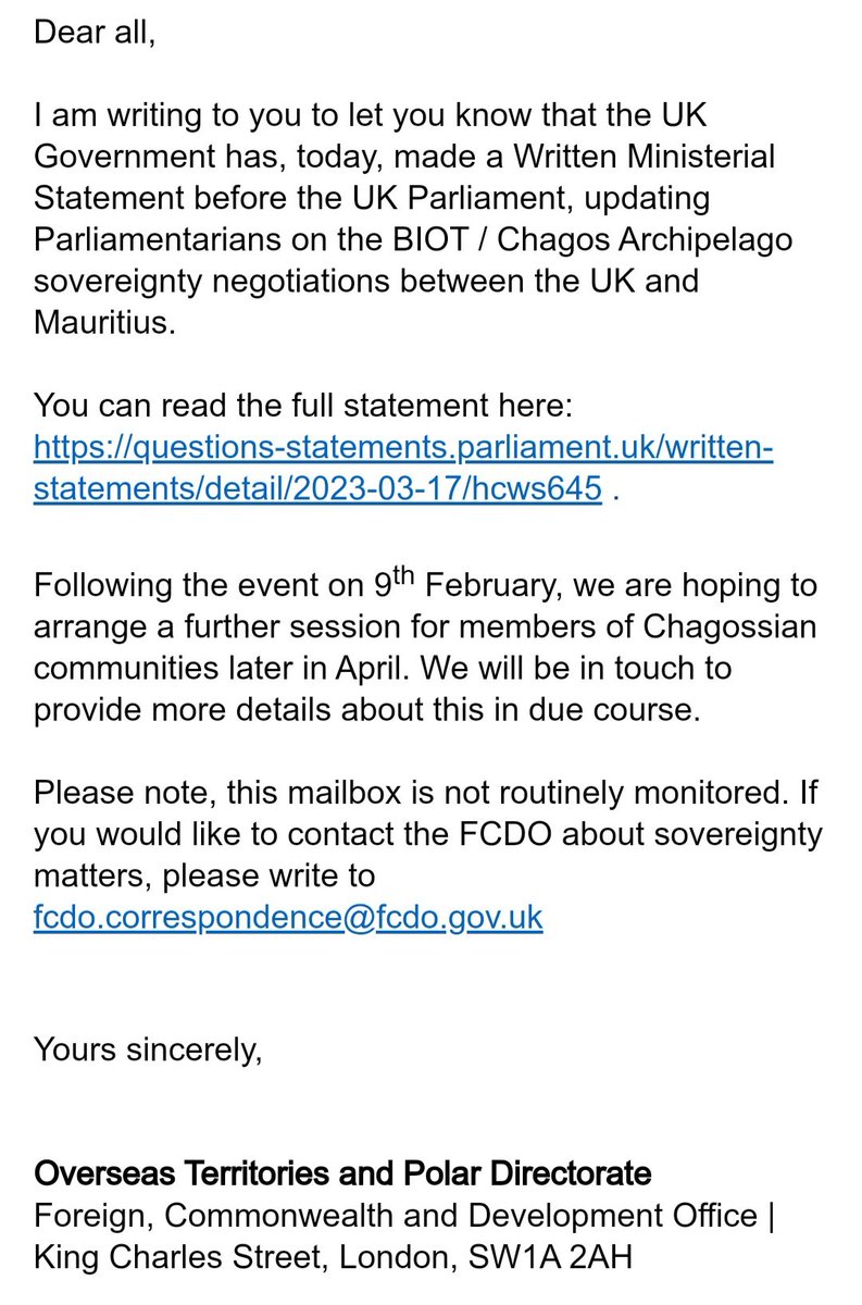 BIOTIslanders's tweet photo. More blank statements by #FCDO... Majority of #Chagossians do not agree with the decision to cede sovereignty of the #Chagos Islands from UK to Mauritius. How else can we make that message clear? https://t.co/ejy1URzl5f