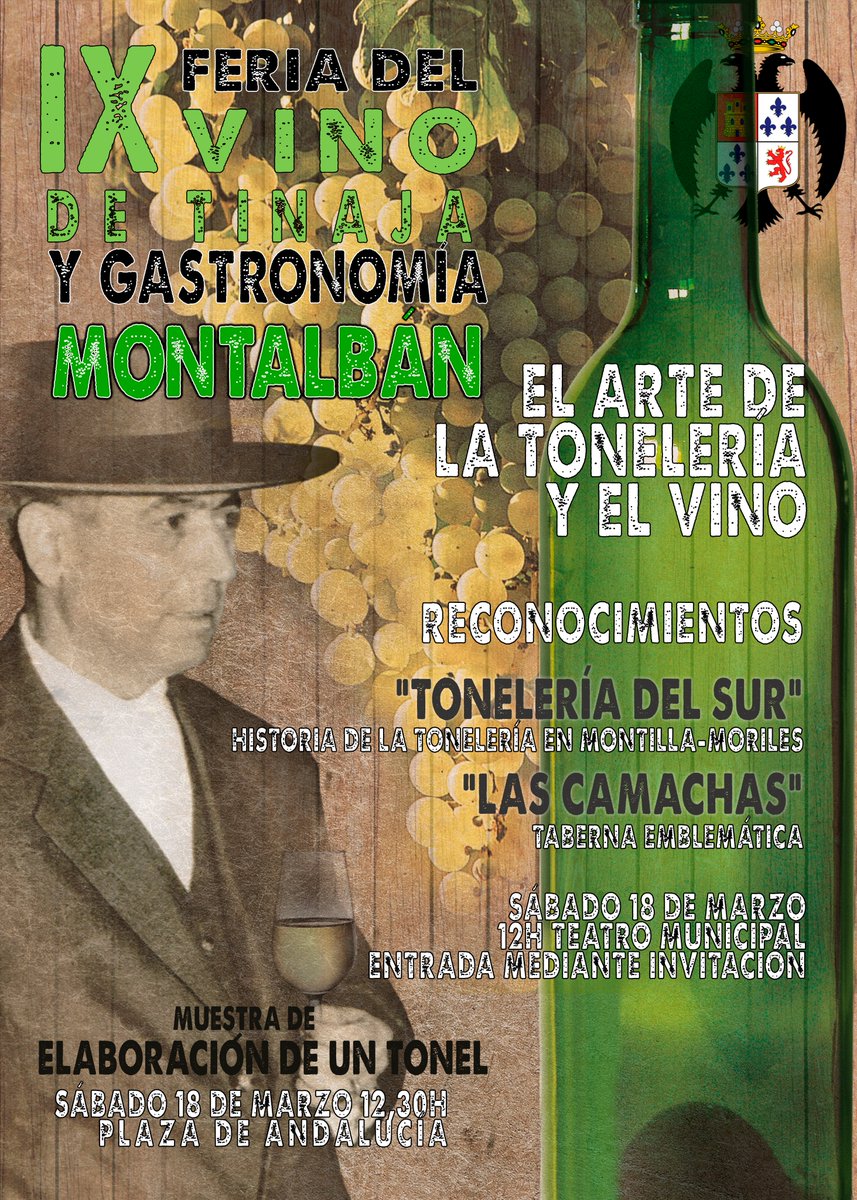 Nos vemos en breve con "El Arte de la Tonelería y el Vino", donde se le hará un reconocimiento especial a Tonelería del Sur y Las Camachas.

Además, tendremos una exhibición en directo de como se elabora un tonel.

#Montalbán #FeriadelVino