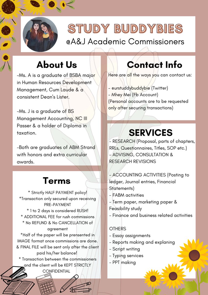Good day! Are you having a hard time in your loaded tasks? Don't worry, we're here to help you! 

We offer services related to:
📌 Thesis/Research proposal
📌 Thesis consultation &amp; advising
 📌 FABM activities
📌 Financial ratios &amp; Financial statements

Kindly PM for inquiries!🥰