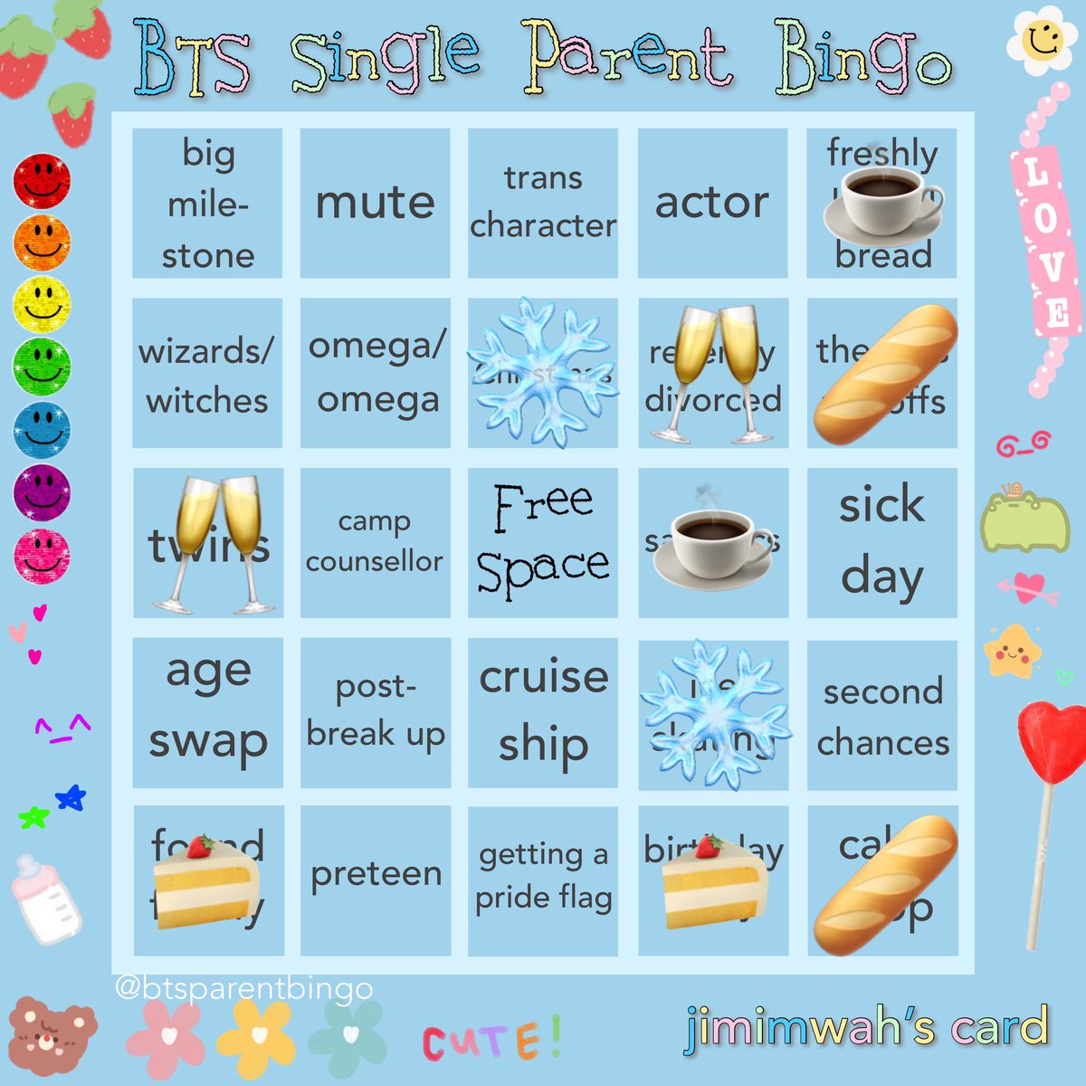 jimimwah's tweet photo. bingo squares:
@btsparentbingo: the kids are bffs, cake shop
@ao3tagsbtsbingo: yes I said kid fic, kindergarten teacher
@beretvmin: (1) trans nonbinary character, kid fic, genderfae (2) first kiss, sapphic https://t.co/GzfAurkBCt