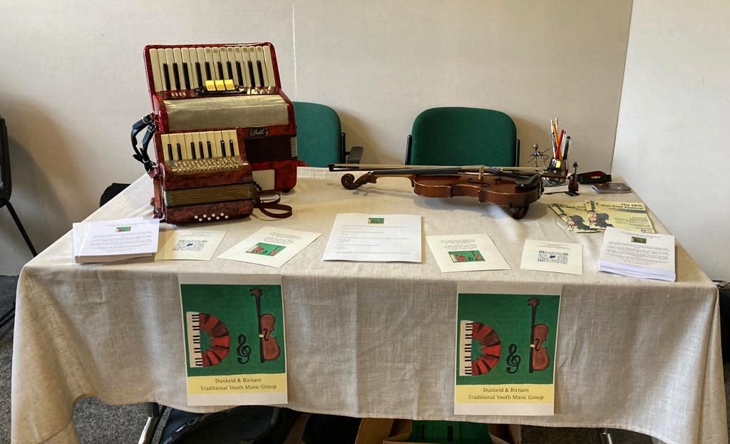 dbtradgroup's tweet photo. All set up and ready with our stall at #Birnamarts for #thenielgowfestival come and speak to us about joining the group and learning to play fiddle or accordion https://t.co/TtAzOGdb82