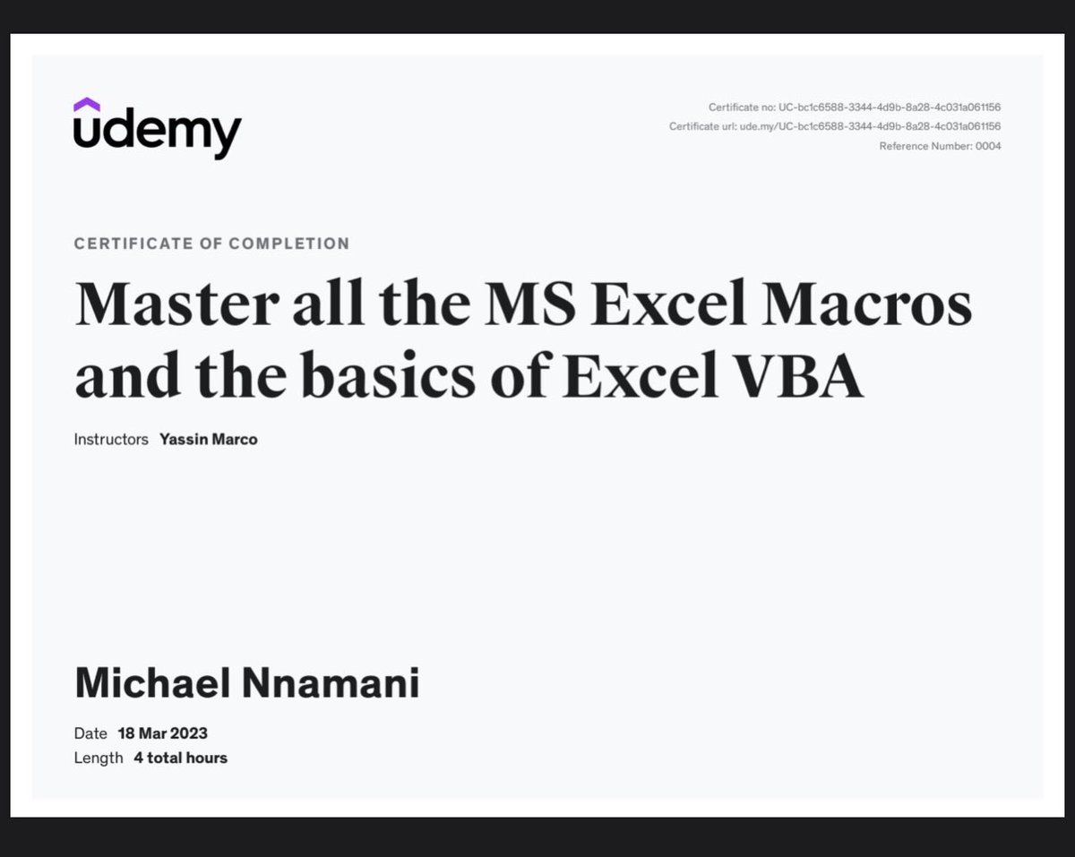 michaelnnamani_'s tweet image. VBA is an eye opener for me, I mean talk about a more efficient way of working with Excel. I am glad I took this course
The knowledge is always worth the time
#dataanalytics
#vbaexcel
@udemy