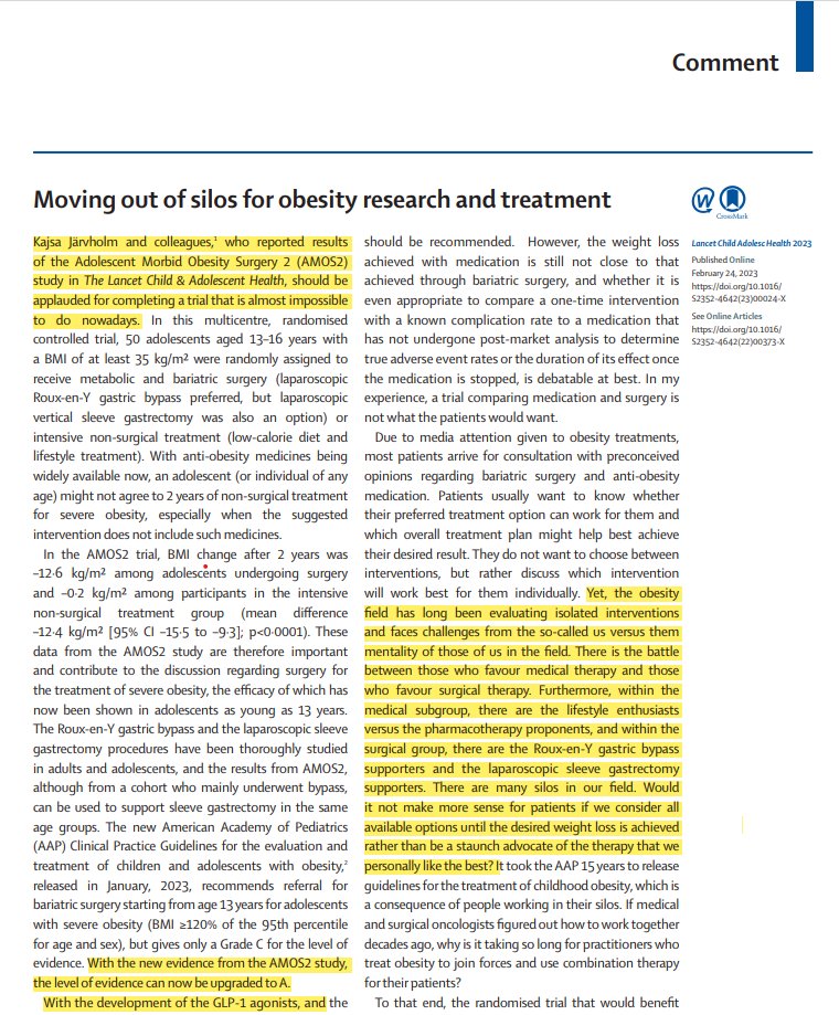 -With the new evidence from the AMOS 2 study, the level of evidence can now be upgraded to A. 
Yes, I got tears in my eyes reading this comment on our RCT on bariatric surgery in adolescents. <a href="/kajsajarv/">Kajsa Järvholm</a> <a href="/TheLancet/">The Lancet</a>