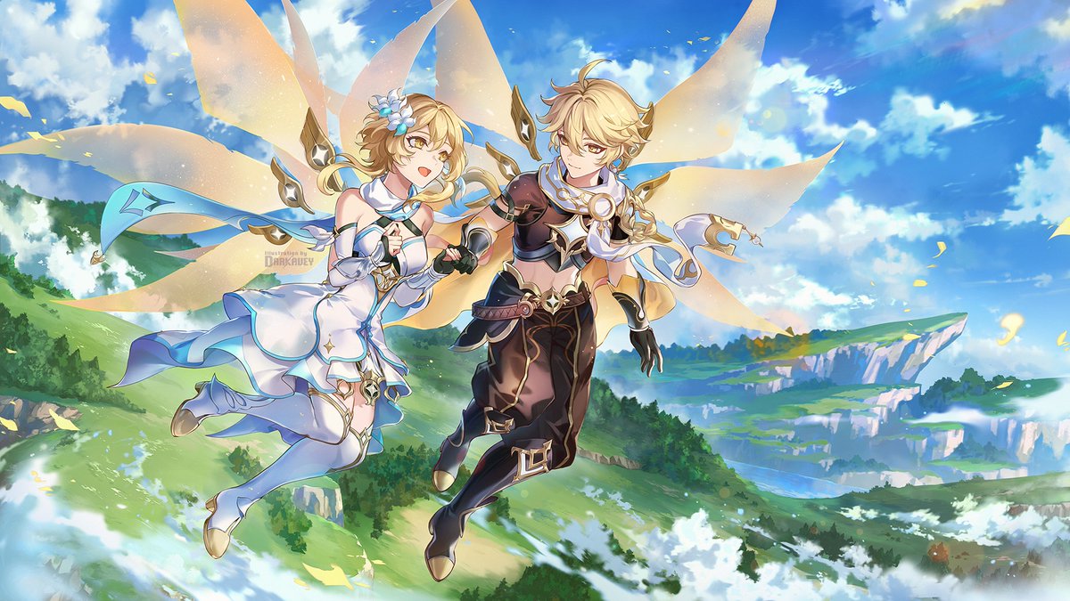 aether (genshin impact) ,lumine (genshin impact) 1girl blonde hair 1boy hair flower flower hair ornament white dress  illustration images