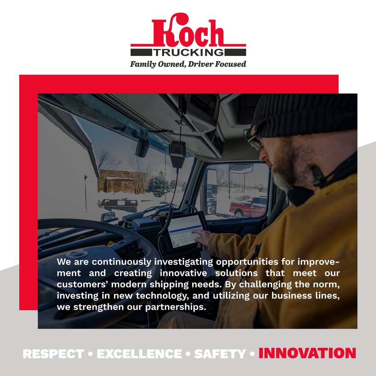 At Koch Trucking we are continuously investigating opportunities for improvement and creating innovative solutions that meet our customers’ modern shipping needs! That’s how Koch is committed to innovation! 🚚 #trucking #trucks #truck