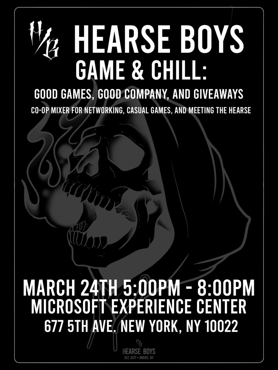 Game ‘n Chill! 
Join us Friday 3.24 at the Microsoft Experience Center ! 
Pull up for some casuals, make friends with The Hearse &amp; other members of our community 🖤 we may or may not be raffling some fun stuff too 👀👀 
👇👇👇👇👇👇👇👇
eventbrite.com/e/monthly-frie…