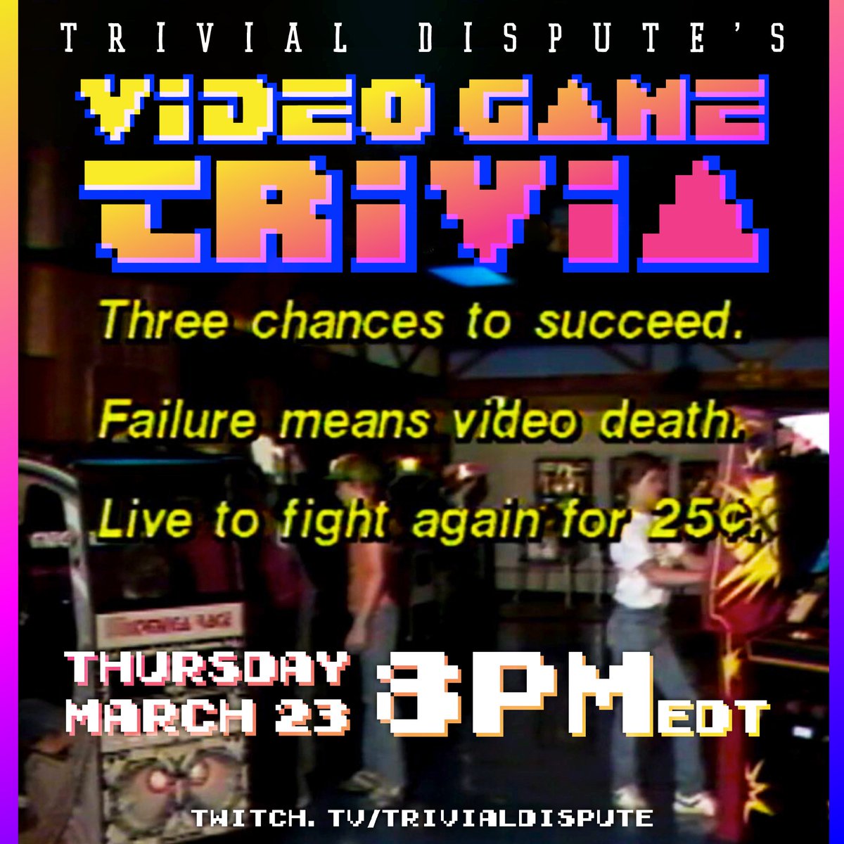 It's Dangerous to Play Alone.
Brace yourself for the return of VIDEO GAME TRIVIA!
This Thursday 3/23, live on
twitch.tv/trivialdispute

Free to play! Win charitable donations and personalized photoshops!
Tell your friends who are going to #GDC !
