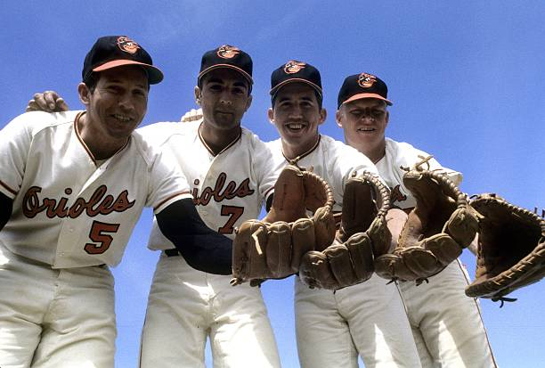 1970 Baltimore Orioles infield at Spring Training; Brooks Robinson, Mark Belanger, Davey Johnson, and Boog Powell. Photo by Focus on Sport-Getty Images