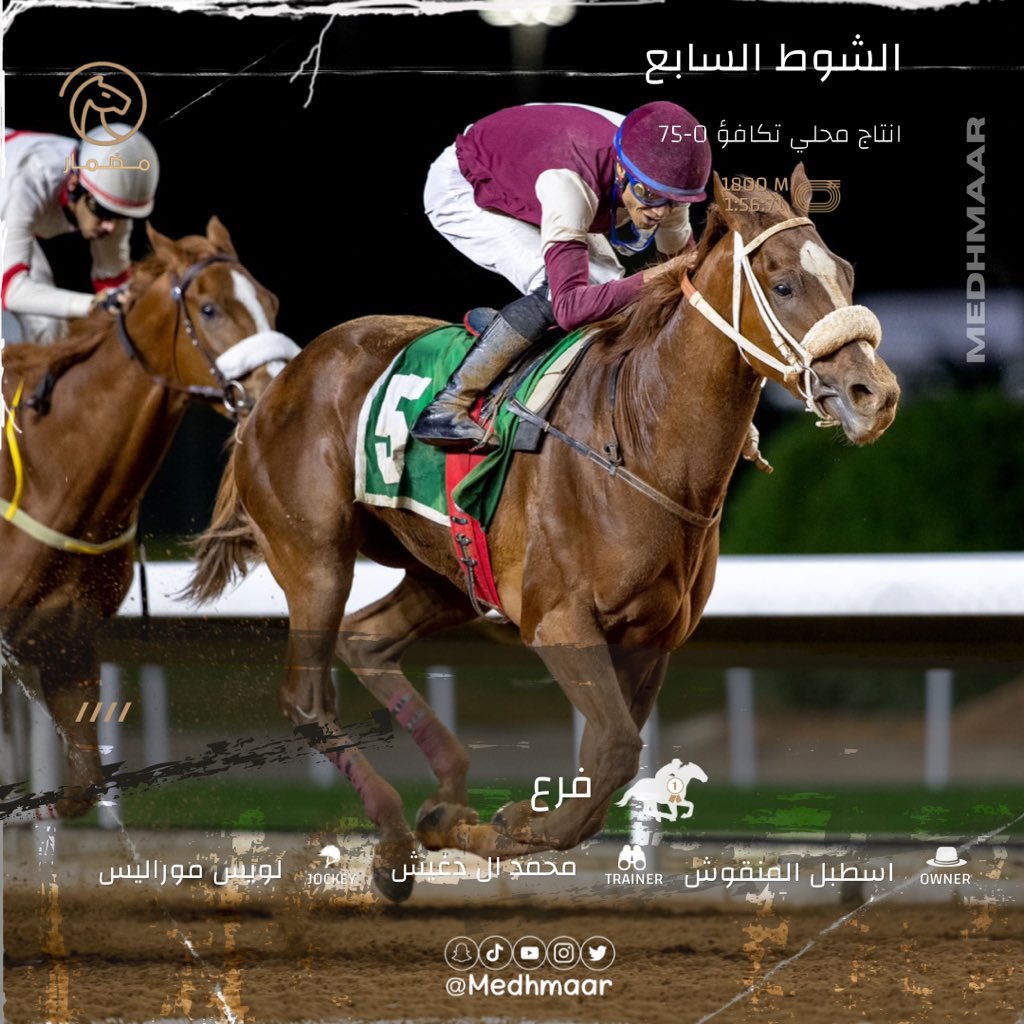 medhmaar's tweet photo. 📋 | 
نتيجة الشوط السابع للحفل (107) 

➖ الفائز : فرع 
➖المالك : اسطبل المنقوش
➖المدرب : محمد ال دغيش
➖الخيال : لويس موراليس
➖المسافة : 1800 م
➖الزمن  : 1:56:71

#مضمار https://t.co/c97CUQxD3j