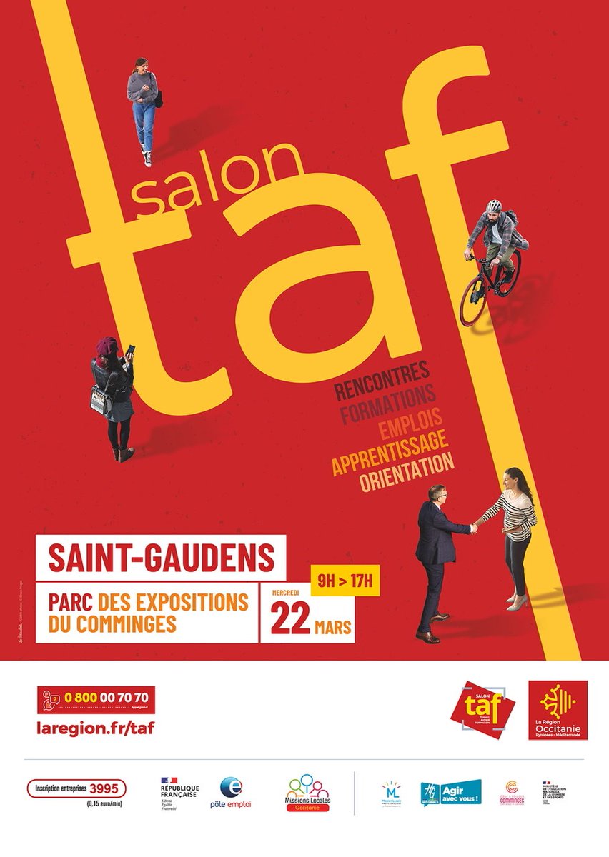 Mercredi 22 Mars, de 9H à 17H, le Pôle Emploi Saint Gaudens et la Région Occitanie vous attendent nombreux au TAF à Villeneuve de Rivière  #TAF #Recrutements
👉 8️⃣2️⃣ entreprises présentes
👉 ➕de 3️⃣0️⃣0️⃣ offres d'emploi 
👉 des partenaires et organismes de formation
@Poleemploi_oc