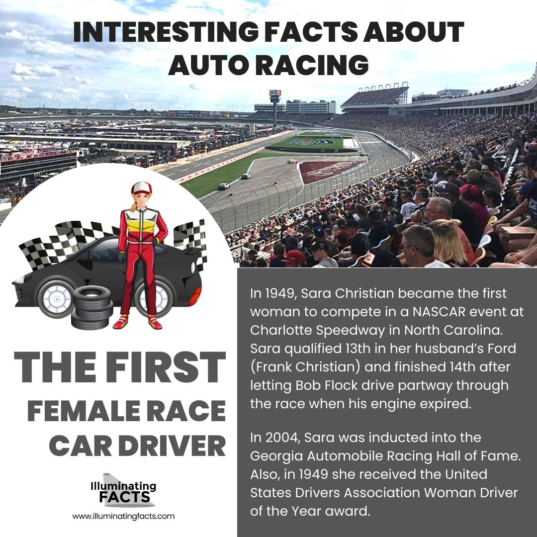 itsmrpopculture's tweet photo. In 1949, Sara Christian became the first woman to compete in a NASCAR event at Charlotte Speedway in North Carolina. Read more interesting facts about car racing here: https://t.co/OPdZqXDRm0
#racing #womenracing #carracing #autoracing #nascar #racingfacts #interestingfacts #illuminatingfacts