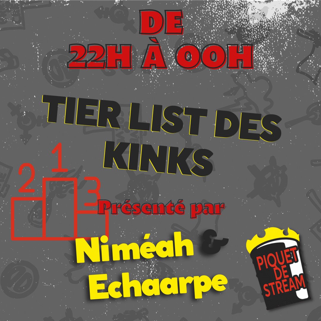 Si je vous dis Tier List des Kinks, vous me répondez ? <a href="/Nimeah_/">Niméah</a> et <a href="/echaarpe/">ESSARP</a> évidemment................
Allé c'est tout de suite twitch.tv/piquetdestream

Un don = un nouveau kink 
helloasso.com/associations/c…

#GreveGenerale 
#ReformesDesRetraites