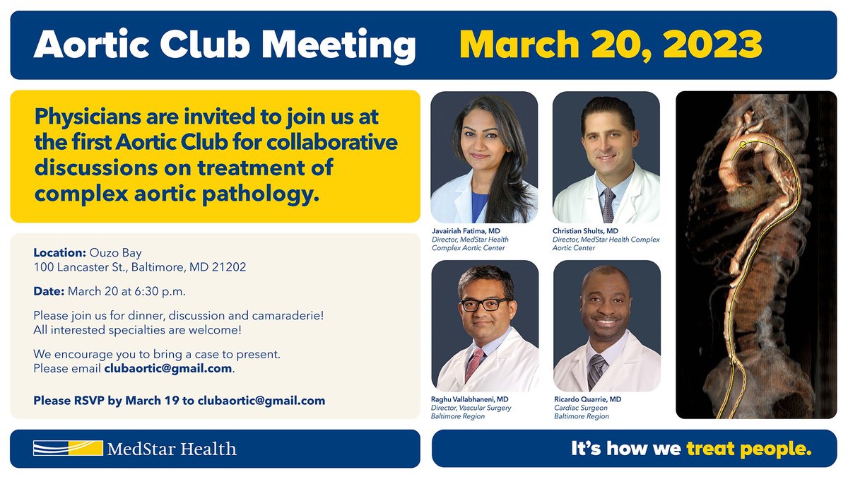 Physicians interested in aortic disease—you are invited to join us at our first Aortic Club session for discussions on the treatment of complex aortic pathology. RSVP required by March 19: clubaortic@gmail.com

Date: March 20 at 6:30 p.m.
Location: Ouzo Bay, 100 Lancaster St.