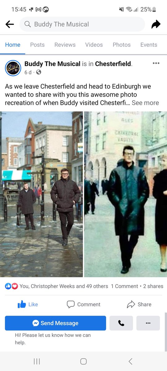 BuddyTour58's tweet photo. I love this recreation of the famous photo of #BuddyHolly in #Chesterfield  by the current cast of @BuddyTheMusical @chrislweeks https://t.co/JdZMFbEnit