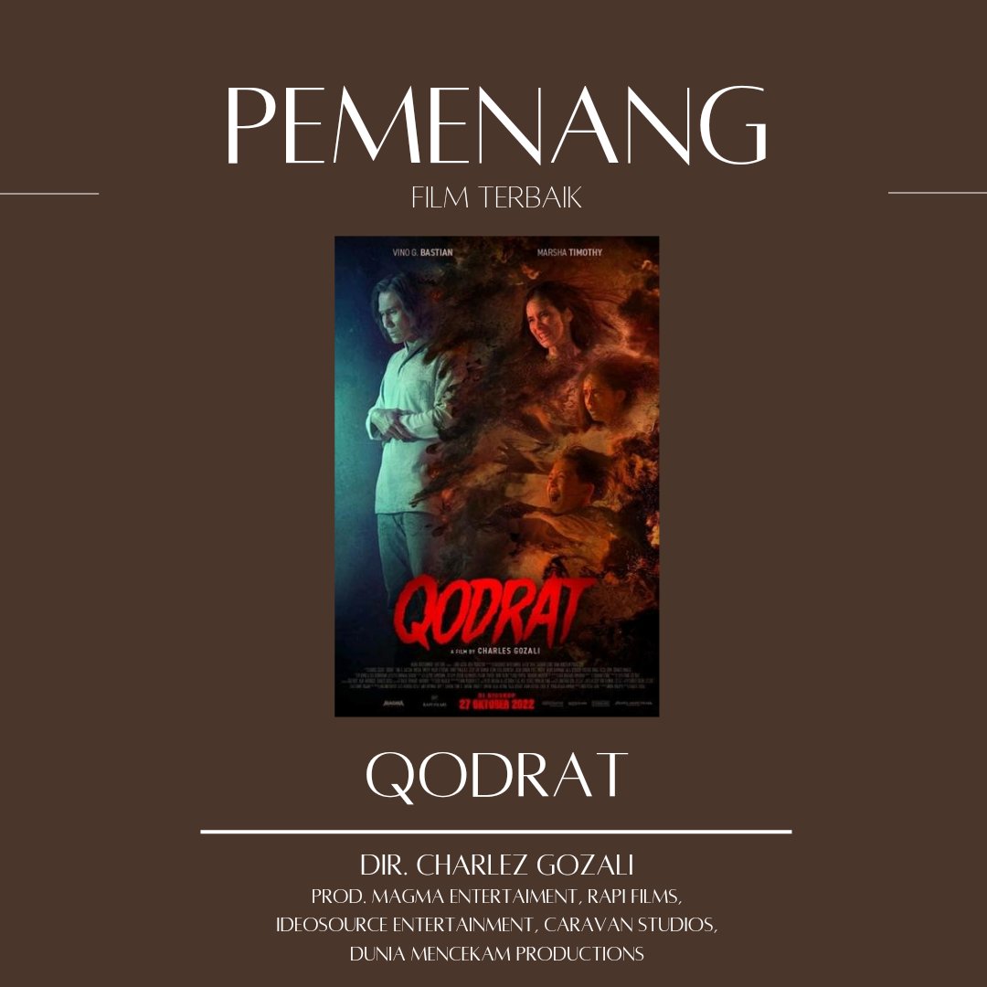 Pemenang kategori Film Terbaik:

Qodrat | Dir. Charlez Gozali | Prod. Magma Entertainment, Rapi Films, Ideosource Entertainment, Caravan Studios, Dunia Mencekam Productions