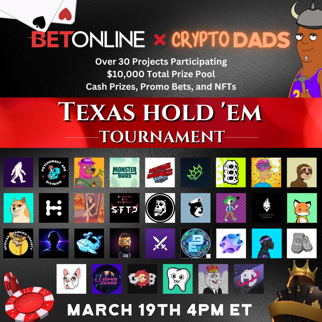 💰The prize pool has grown! 💰

🍻So has the list of projects involved. 🍻

Will you be joining us in the CryptoDads Poker Invitational tomorrow? ♠️♣️♥️♦️

Instructions below for members of these projects.

DM <a href="/GrillSergeant15/">Grill Sergeant</a> if you have a project that you want to get in late!