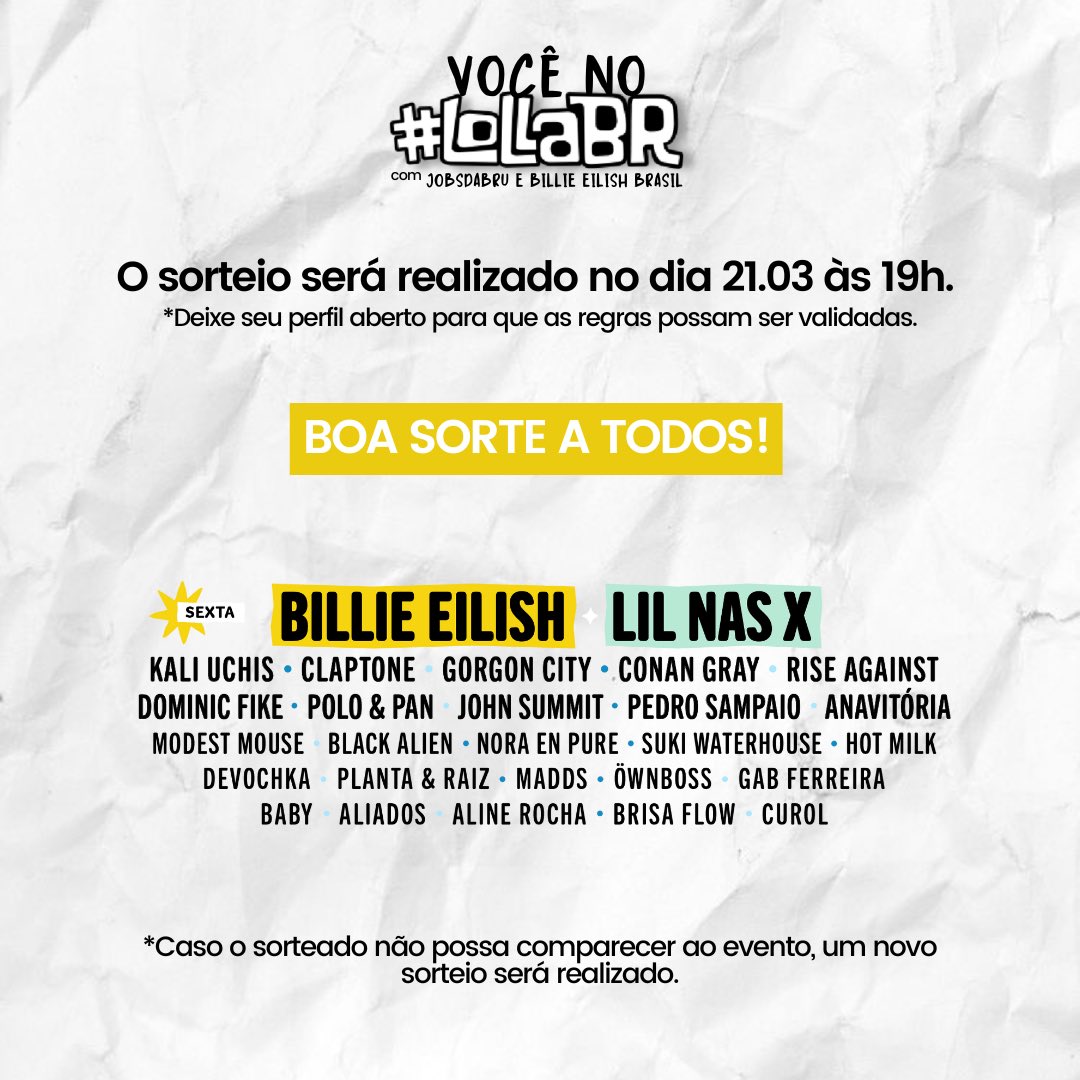 becriativ0's tweet image. VOCÊ NO LOLLA BR COM @jobsdabru E @BillieEilishBR 😍🫶🏼 

Veio aí a parceria de milhões e mais um sorteio incrível pra vocês! 🎫 

Quer ganhar 1 ingresso para o Lolla Day Sexta? Para participar é SUPER fácil! 

Dá uma conferida nas imagens e bora lá!