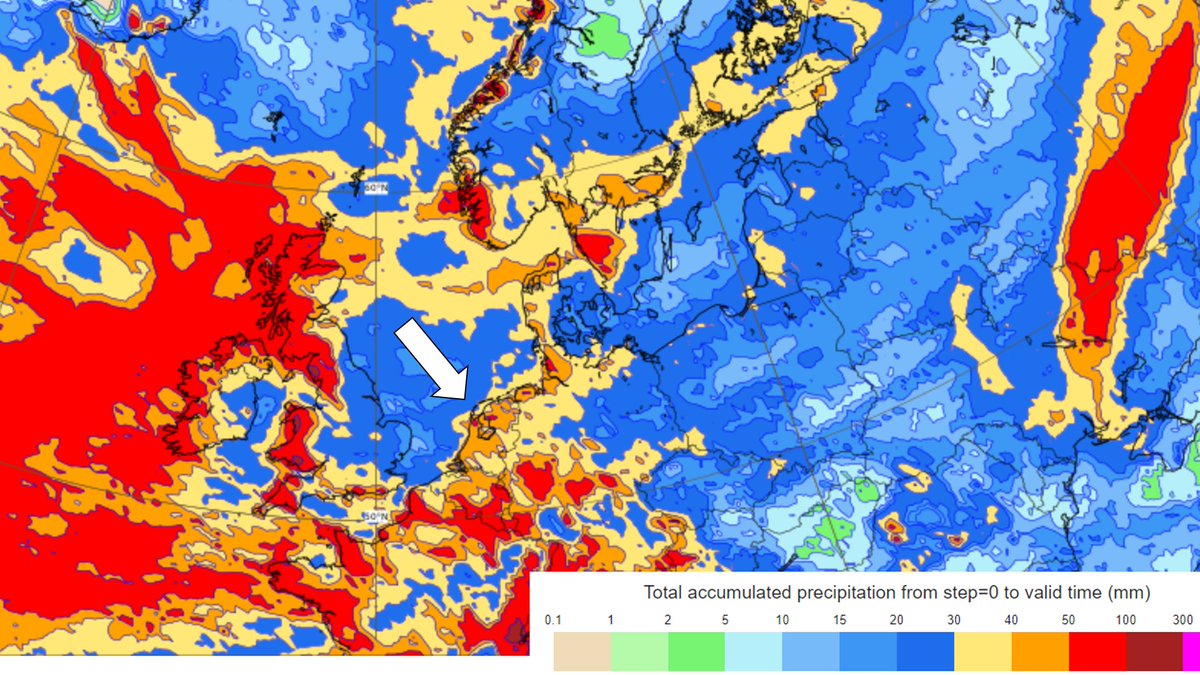 Opvallend: vorig jaar verliep de lentemaand kurkdroog (gemiddeld 15 mm) en zonnig. De laatste 10 dagen van maart dit jaar lijken in Nederland, zie witte pijl, nogal nat te verlopen (30-40 mm). Landelijk zou dat in totaal rond 100 mm kunnen opleveren. noorderweer.nl