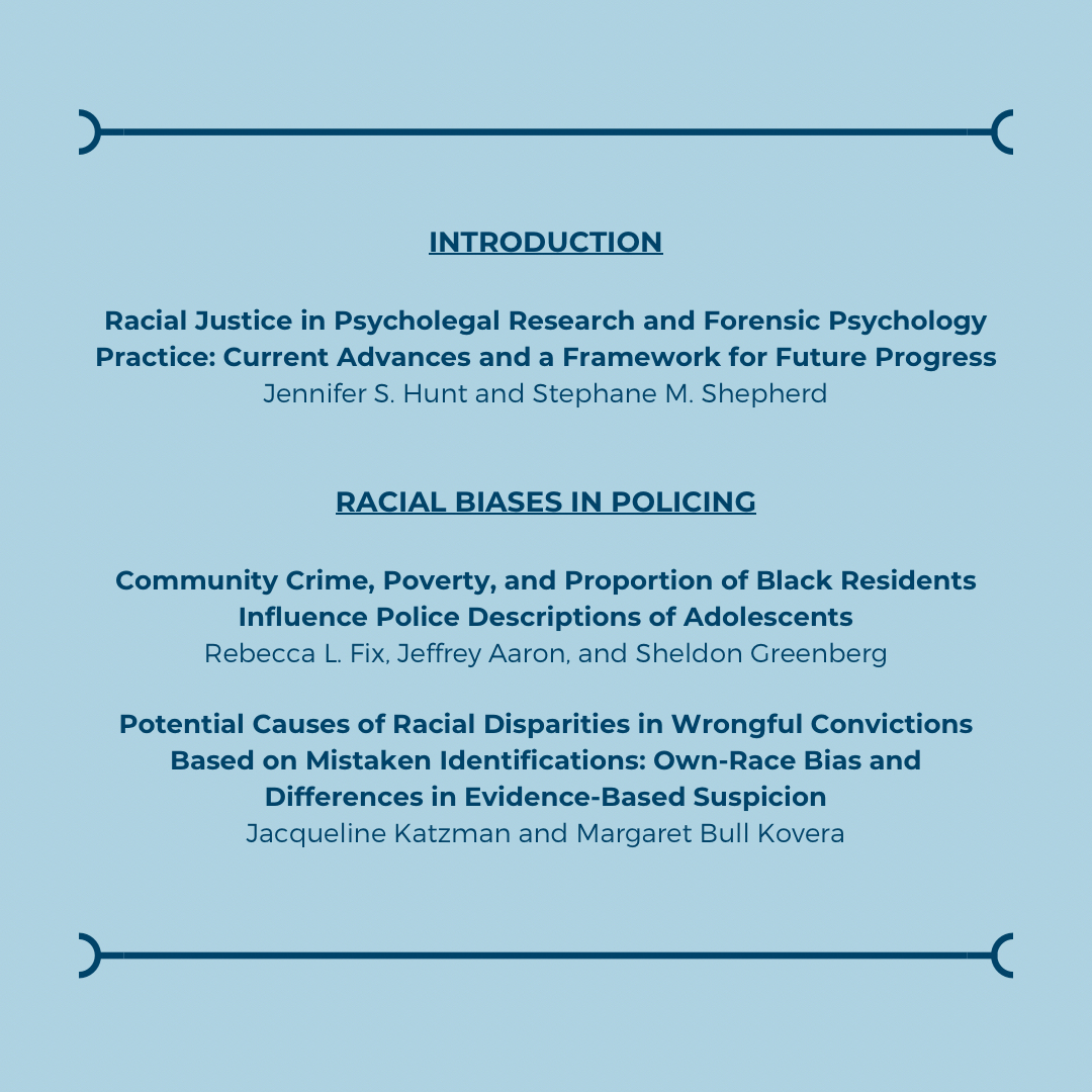 lhb_apls's tweet photo. The February special issue is here! This issue has 19 #OpenAccess articles on the topic of Racial Justice in the Criminal Justice and Legal Systems. Thank you to the guest editors Jennifer S. Hunt and Stephane M. Shepherd. Look out for highlights of each article! @APLS41 @APLSsc https://t.co/vCpI01jp24