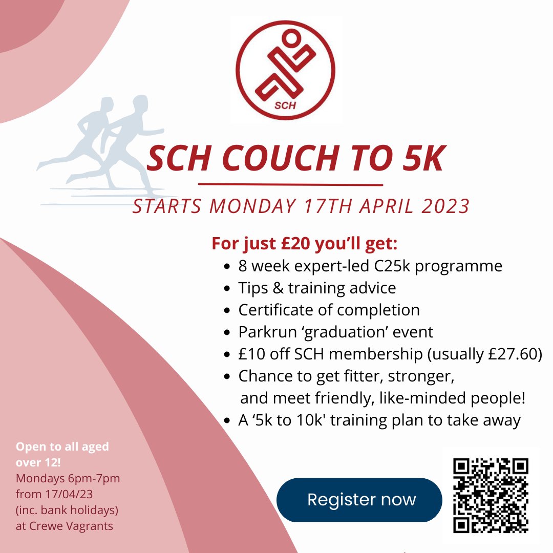 SCHarriers_RC's tweet photo. Would you/ a family member like to start running but donβt know where to start?
Weβre excited to announce our spring couch to 5k programme, starting on Monday 17th April from 6pm - 7pm at Crewe Vagrants!
Register here: https://t.co/P9uH3MJqnR
#creweevents #c25k
@CreweTcouncil https://t.co/rkRo2r98ZS