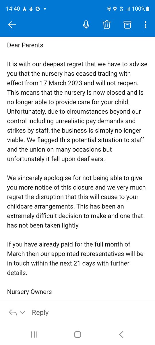 Alexjwalsh's tweet photo. @KnowsleyUnison disgusting email below from orchard an hour ago! Blaming the closure on staff who had no choice but to strike. Parents left with no childcare from Monday with 0 notice. And staff made redundant! @GranadaReports @LivEchonews https://t.co/MUbquyktVo