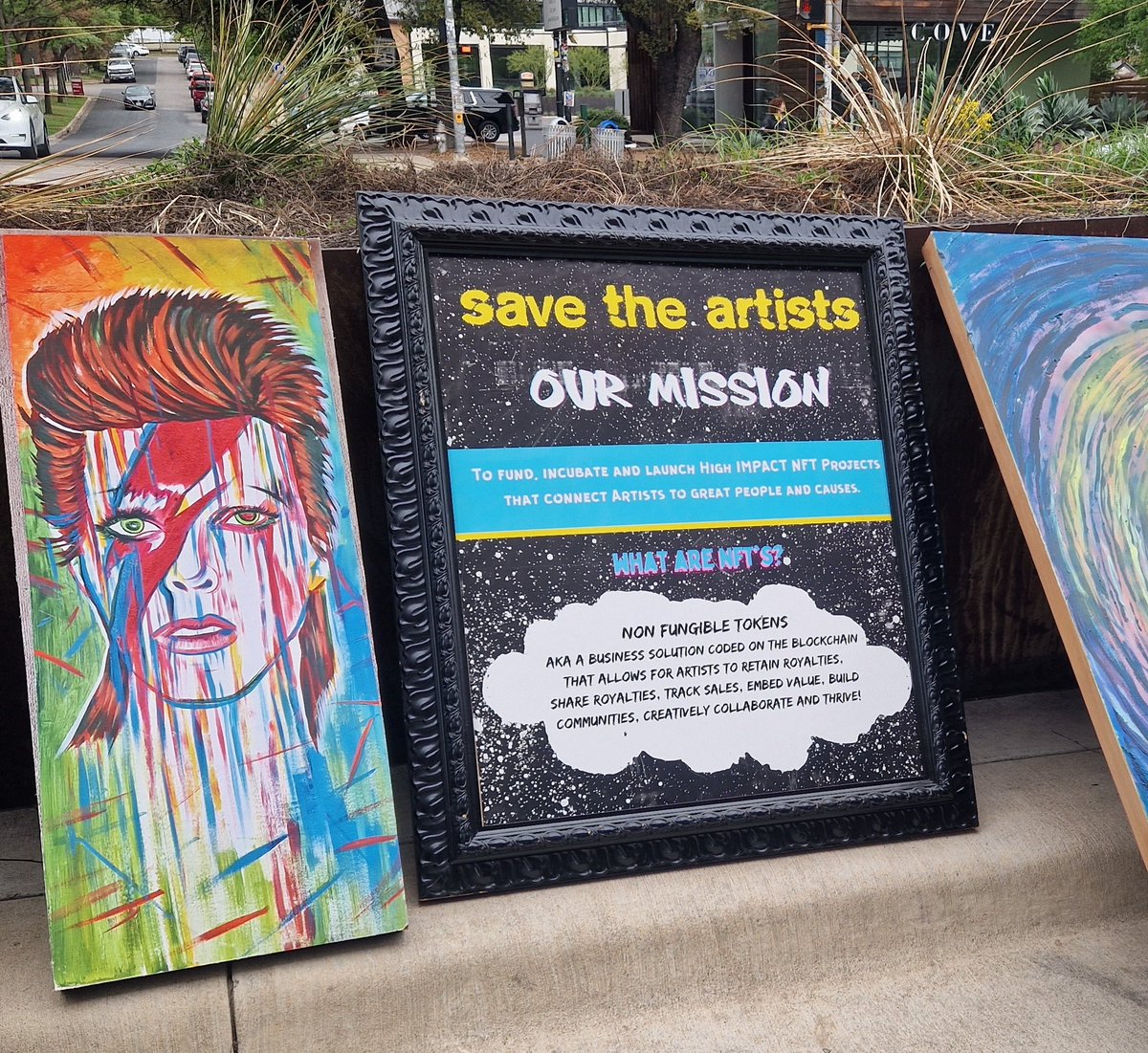 nincoroby's tweet photo. In the streets of Austin some artists are promoting #NFTs as a way to fund art & connect artist with people. #SXSW2023 #SXSW23ECH https://t.co/iHuI9CDbf5